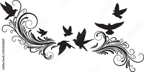 Black Flying Birds and Swirls Vector Ornament isolated PNG with Transparent Background
