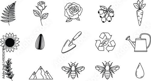 Set of 15 Nature and Gardening Line Icons Vector