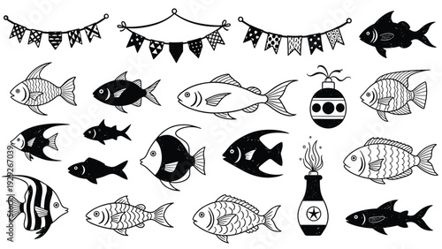 Collection of hand drawn sea life sketches featuring various fish and decorative banners in a classic black and white style.