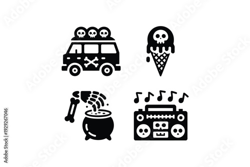 Skull icon set with various Halloween themed vector illustrations