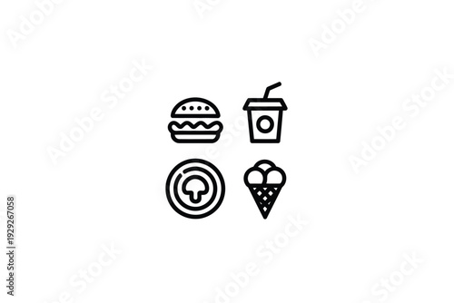 Food icon set with hamburger, pizza, ice cream and soda cup