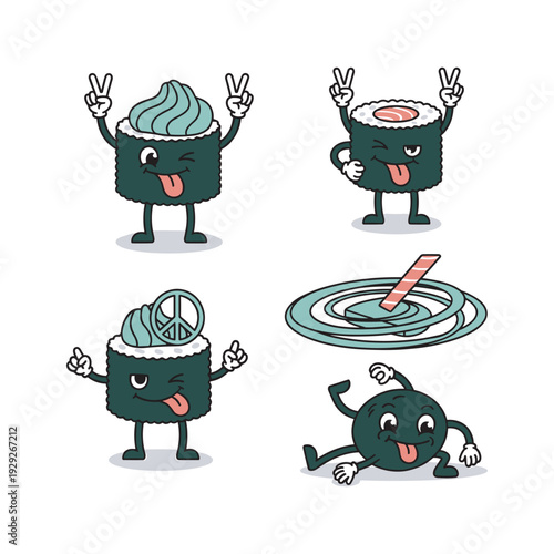 Cartoon coffee cups celebrating with peace signs and having fun in a playful style