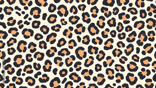 Classic leopard print seamless pattern showcases black and tan animal spots in a dense arrangement on a light cream background.