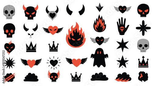 Assorted collection of dark and edgy icons including skulls winged hearts flames and ghosts are shown in a red and black color scheme.
