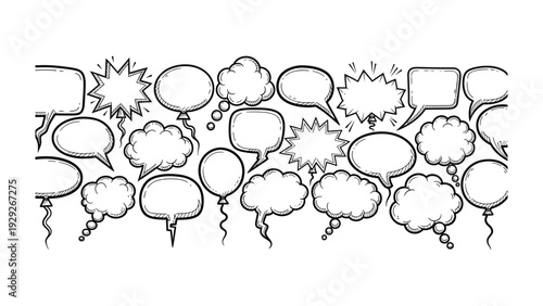 Comic Speech Bubbles: A collection of various hand-drawn comic speech bubbles, perfect for adding text or dialogue to creative projects.