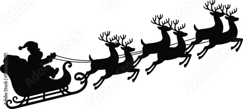 Santa Claus sleigh silhouette with flying reindeer, Christmas festive design, holiday celebration, winter season illustration, magical night, gift delivery scene