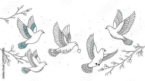 Graceful illustration shows five white doves flying among delicate tree branches against a white background with light blue dots.