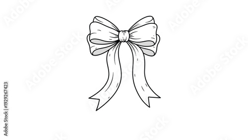 Simple black and white line drawing depicts a large decorative bow with elegant ribbons on a clean and minimalist white background.