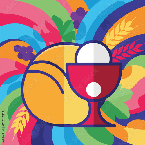 A vibrant, colorful illustration of religious symbols