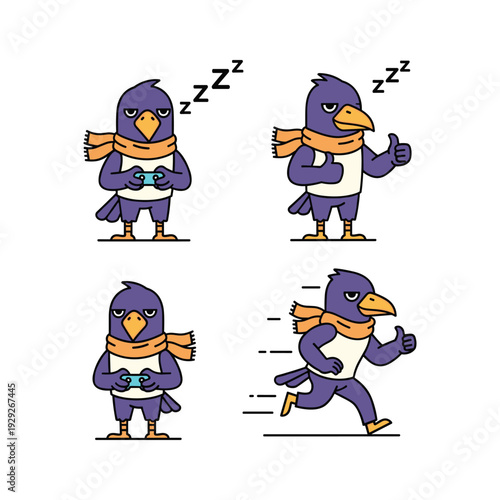 Cartoon penguin character in scarf using smartphone in various activities