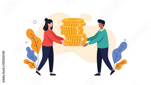 Flat illustration of two people holding a large stack of gold coins together representing financial cooperation and investment success.