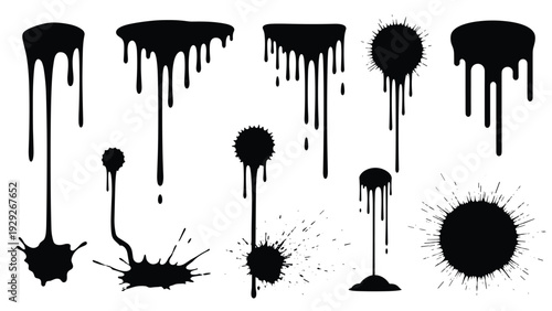 Set of black ink drip and splatter shapes of various lengths and sizes for creating a grunge or paint effect in designs.