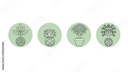 Minimalist green circle icons featuring different types of indoor plants and trees in a clean black line art style.