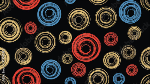 Seamless pattern of textured hand-drawn spirals in red, yellow, and blue colors scattered on a solid black background.