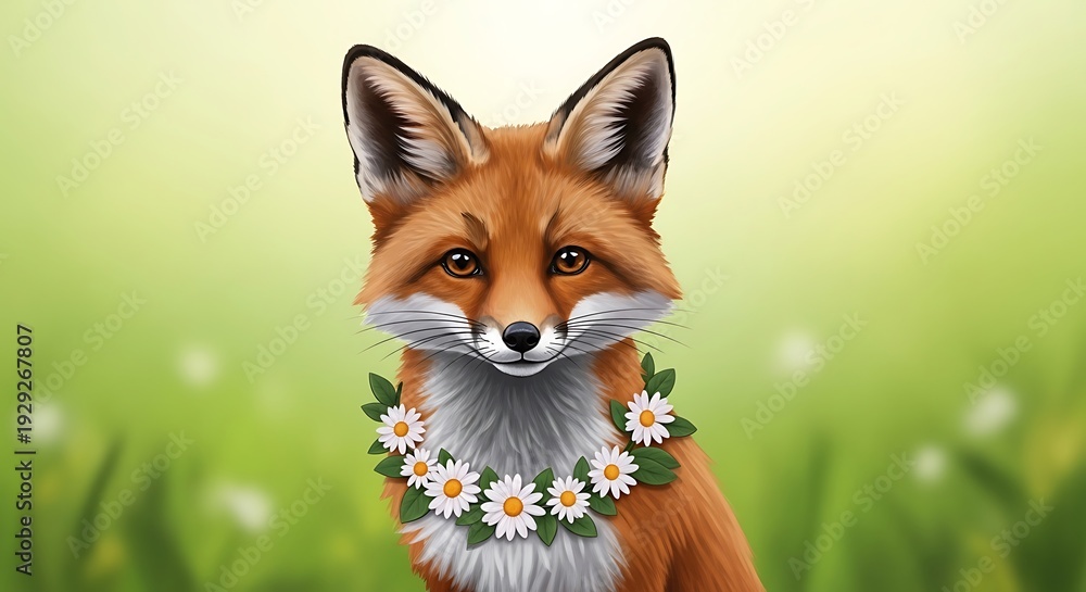 Fototapeta premium Red Fox Wearing Flower Necklace Outdoors.