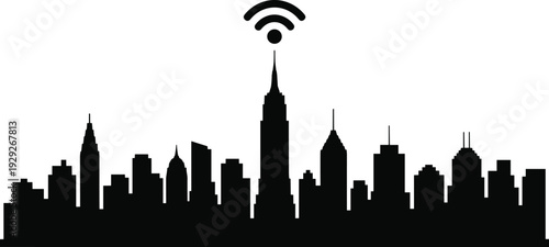 Smart city skyline silhouette with Wi-Fi connectivity, digital urban technology, futuristic communication, wireless infrastructure, modern architecture, connected buildings, innovation
