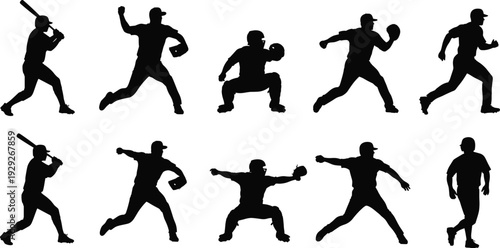 Baseball player silhouettes, batting pitching catching running, sports vector illustration, athletic action poses, flat design, CAD drawing flat vector illustration, dynamic movement art