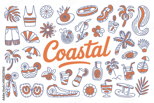 Coastal illustration with various summer icons and beach elements