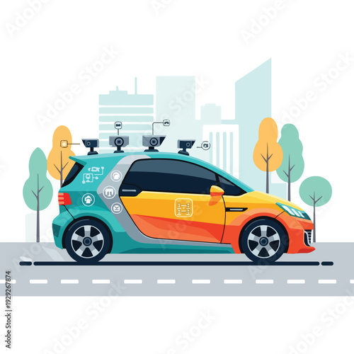 A vibrant, detailed illustration of an autonomous vehicle