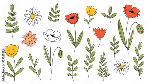 Set of delicate hand-drawn wildflowers, leaves, and branches in various colors and shapes for nature-themed graphic design projects.