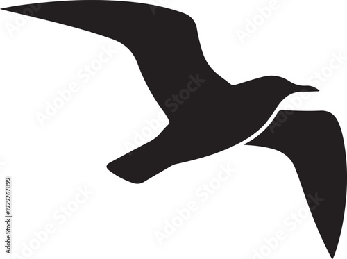 Minimalist black silhouette of a seagull in flight against a light white background.