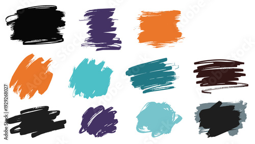 Set of diverse textured brush strokes and paint splotches in various colors like black, orange, teal, and purple for artistic backgrounds.