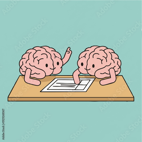 Cartoon brains collaborating on document in bright colorful illustration on flat surface for creative brainstorming