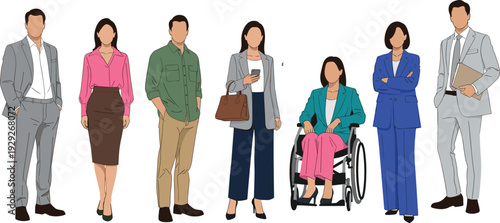 Diverse business people silhouettes, office attire, professional fashion, teamwork inclusivity, corporate culture, workplace diversity illustration, cad drawing flat vector illustration