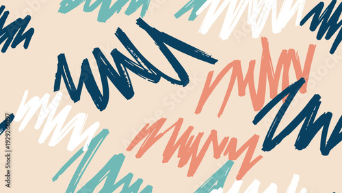 Abstract seamless pattern of energetic hand-drawn scribbles and zigzags in navy, teal, white, and coral on a beige background.