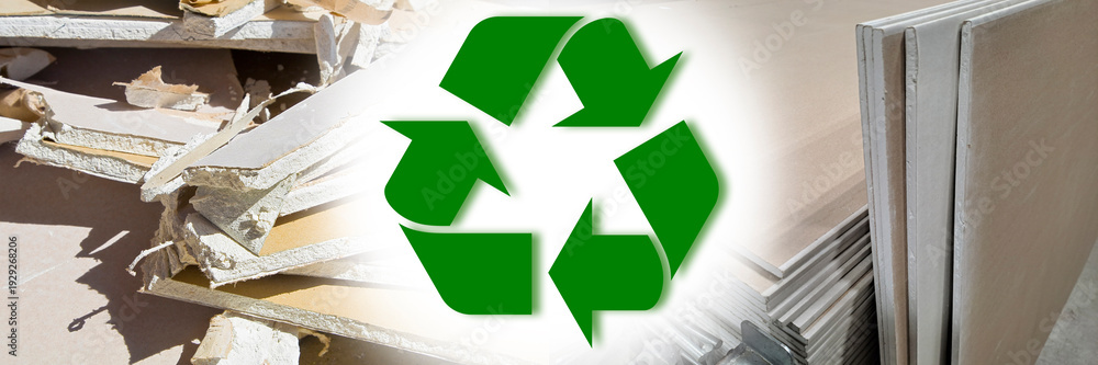 Obraz premium RECOVERY AND RECYCLING OF WASTE PLASTERBOARD FOR THE PRODUCTION OF NEW GYPSUM PRODUCTS - CONCEPT SHOWING THE DEMOLITION OF A GYPSUM PLASTERBOARD WALL AND THE MANUFACTURE OF NEW PLASTERBOARD PANELS
