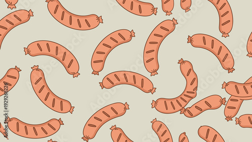 Seamless pattern of repeat hand-drawn grilled sausages on a neutral light gray background for food and restaurant related designs.