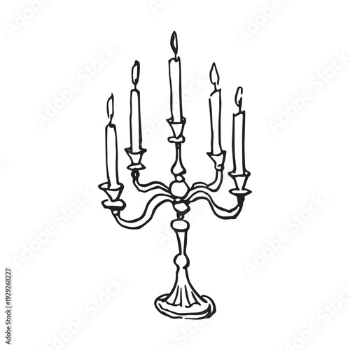 Hand drawn candelabra sketch, vintage five arm candleholder with burning candles, baroque ornate candelabrum, gothic interior line art, black ink isolated on white