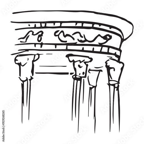 Hand drawn classical rotunda roof sketch, ancient Roman portico with Corinthian capitals, ornate entablature and frieze detail, architecture line art, black ink isolated on white