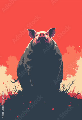 Pig covered mud, standing like immovable fortress mud is rendered heavy black manga crosshatching pig looks stoic indestructible Flat red sky No text