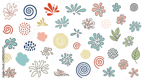 Diverse collection of hand-drawn colorful abstract shapes, spirals, flowers, leaves, and water splashes in a playful and creative style.