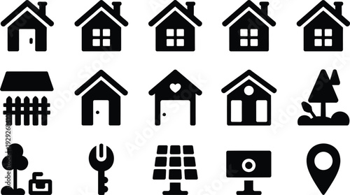 Black Home Icons Set on White Background for Real Estate and Property Use