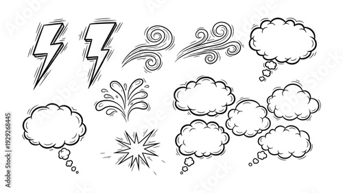 Weather Sketch Emoticons: A collection of whimsical weather sketch emoticons, including lightning, wind, water, and cloud, adding a touch of humor to forecast designs.