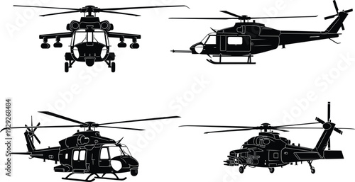 Military helicopter silhouettes, combat aircraft vector, tactical aviation, armed rotorcraft, war machine design, flat illustration, CAD drawing flat vector illustration, defense aviation art