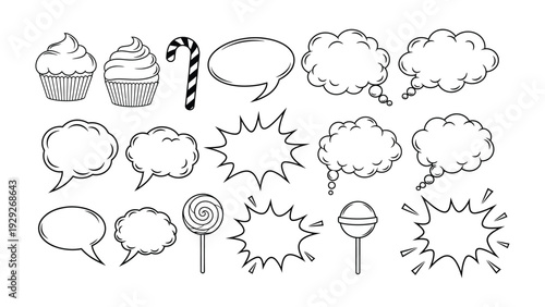 Whimsical Desserts and Speech Bubbles: A charming illustration featuring delightful sweets and a variety of speech bubbles, perfect for adding a touch of sweetness to any creative project. 