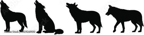 Wolf silhouettes howling and walking, wildlife posture, animal behavior, forest predator, wilderness spirit, nature illustration, dramatic outline, wild animal design