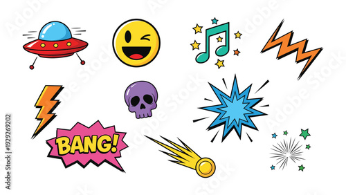 Whimsical Icons: A collection of vibrant icons, including a spaceship, smiling face, musical note, lightning bolt, skull, exclamation, and shooting star, bursting with playful energy and comic charm.