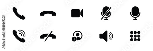 Solid communication icon collection with phone, microphone, video, and audio symbols in modern black style.