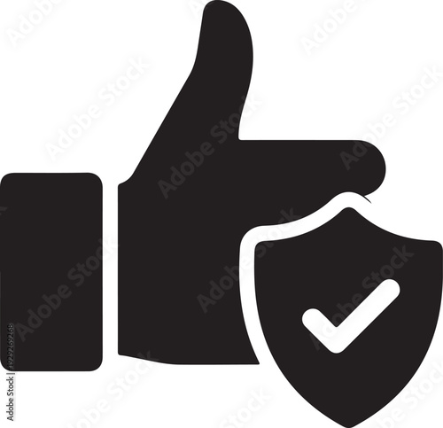A thumbs up icon next to a shield with a check mark indicating approval and security. isolated on white background, illustration