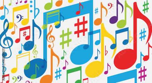 A vibrant musical arrangement with colorful notes and symbols