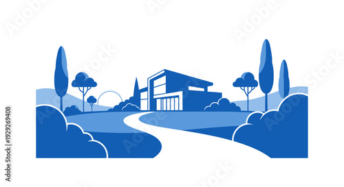 Blue House Landscape Illustration with Trees.