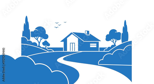 Blue House Landscape Illustration with Trees.