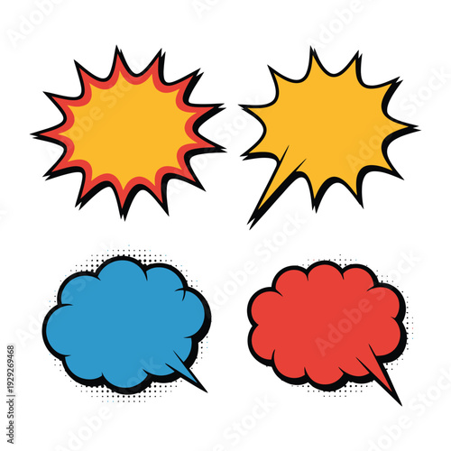 Pop Art Speech Bubbles: A vibrant collection of comic book speech bubbles bursts with bold colors and dynamic shapes, perfect for conveying messages of excitement, dialogue, and expression. 