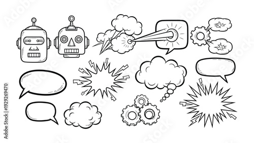 Robot head and Speech bubble set: A series of vintage robot heads and various speech bubbles, gears, and stylized explosions for creative design needs.