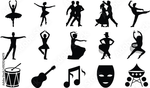 Collection of diverse people in dynamic dance and music poses with black silhouette vector art for creative design projects
