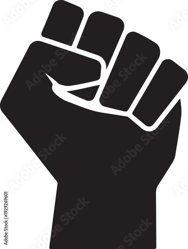 A powerful black and white illustration of a clenched fist with a lightning bolt isolated on white background, illustration